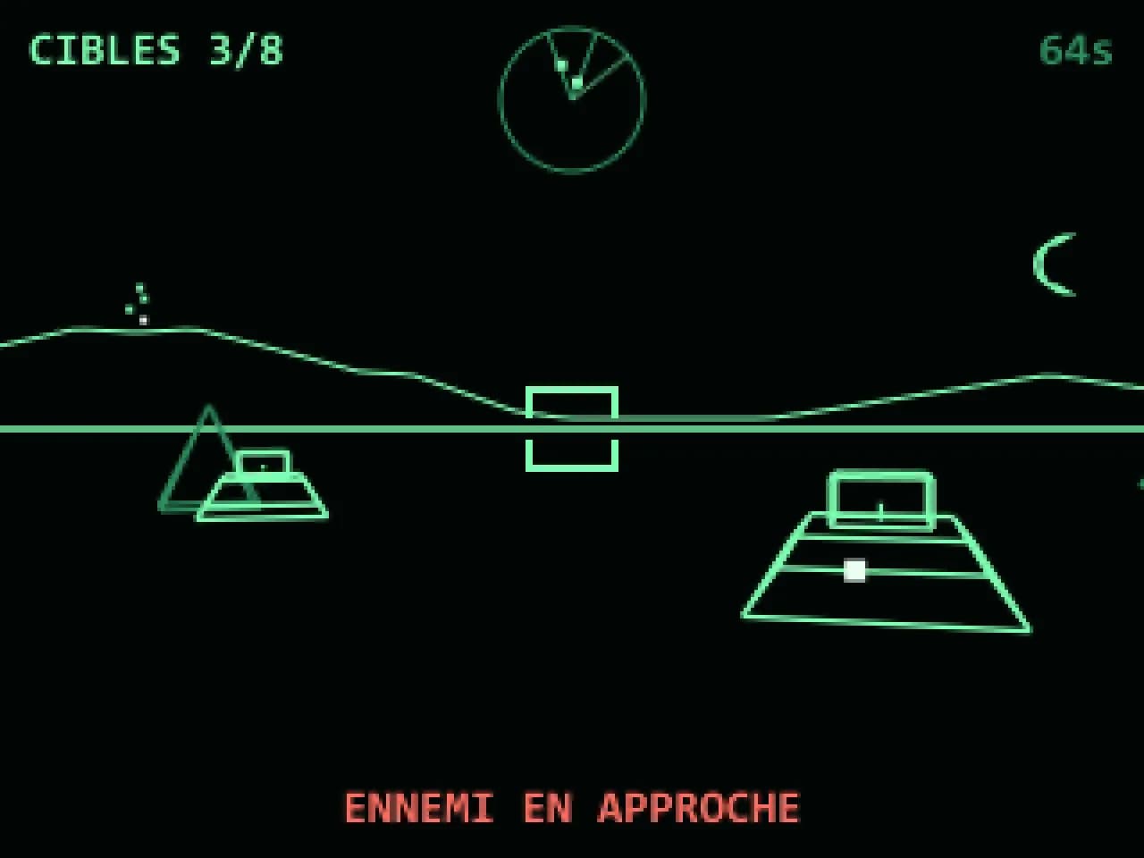 Recréation de Battlezone : désert vectoriel vert vu du périscope, char ennemi en fil de fer, réticule, radar circulaire, volcan en éruption et croissant de lune
