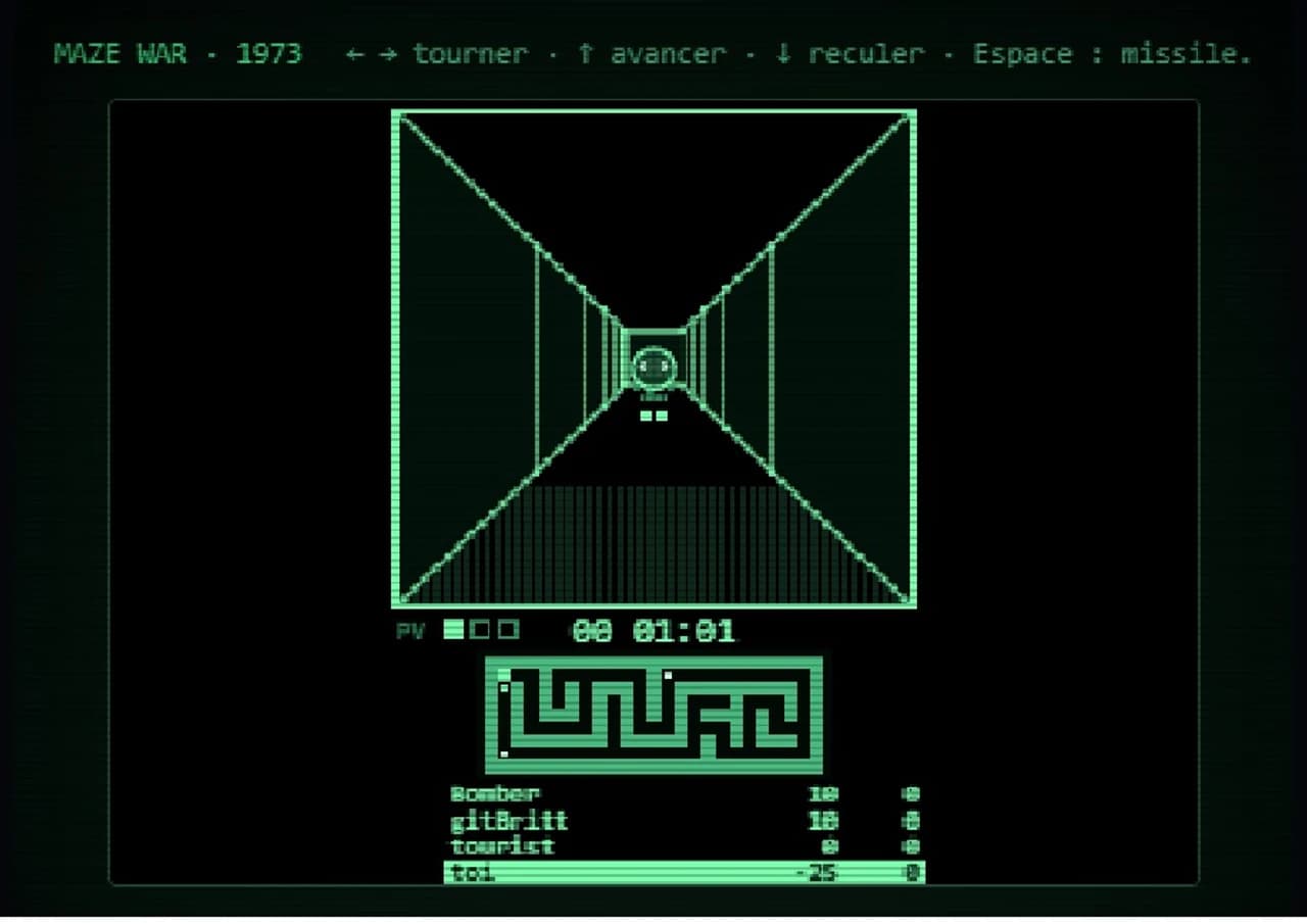 Recréation de Maze War : couloir de labyrinthe en fil de fer vert phosphore, globe oculaire flottant face au joueur, missile en vol, minimap et tableau des scores