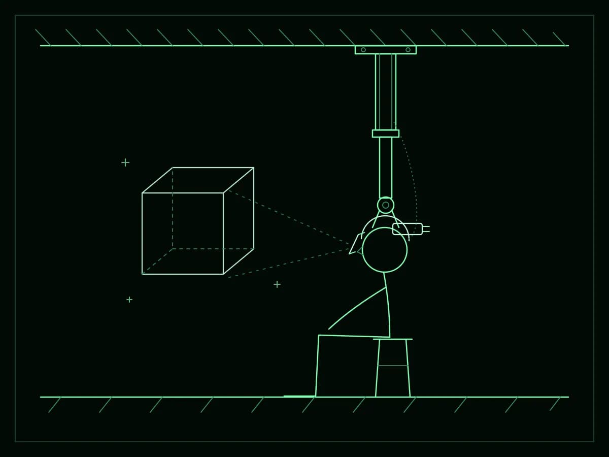 Illustration au trait vert phosphore : le visiocasque du Sword of Damocles suspendu au plafond par un bras mécanique, un utilisateur assis dessous, et un cube filaire semi-transparent superposé à la pièce