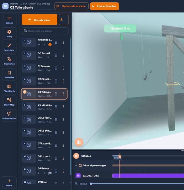 Éditeur easystory360 : liste des 12 scènes de La maison des Ombres à gauche, scène 03 Toile géante ouverte en vue 3D