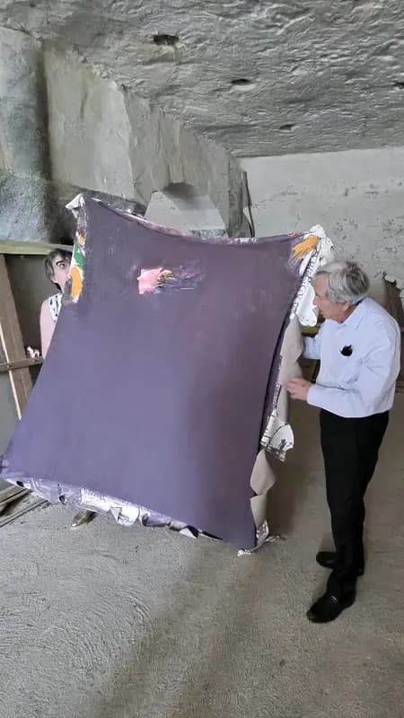 Patrice Debré présentant une toile de son père dans l'atelier