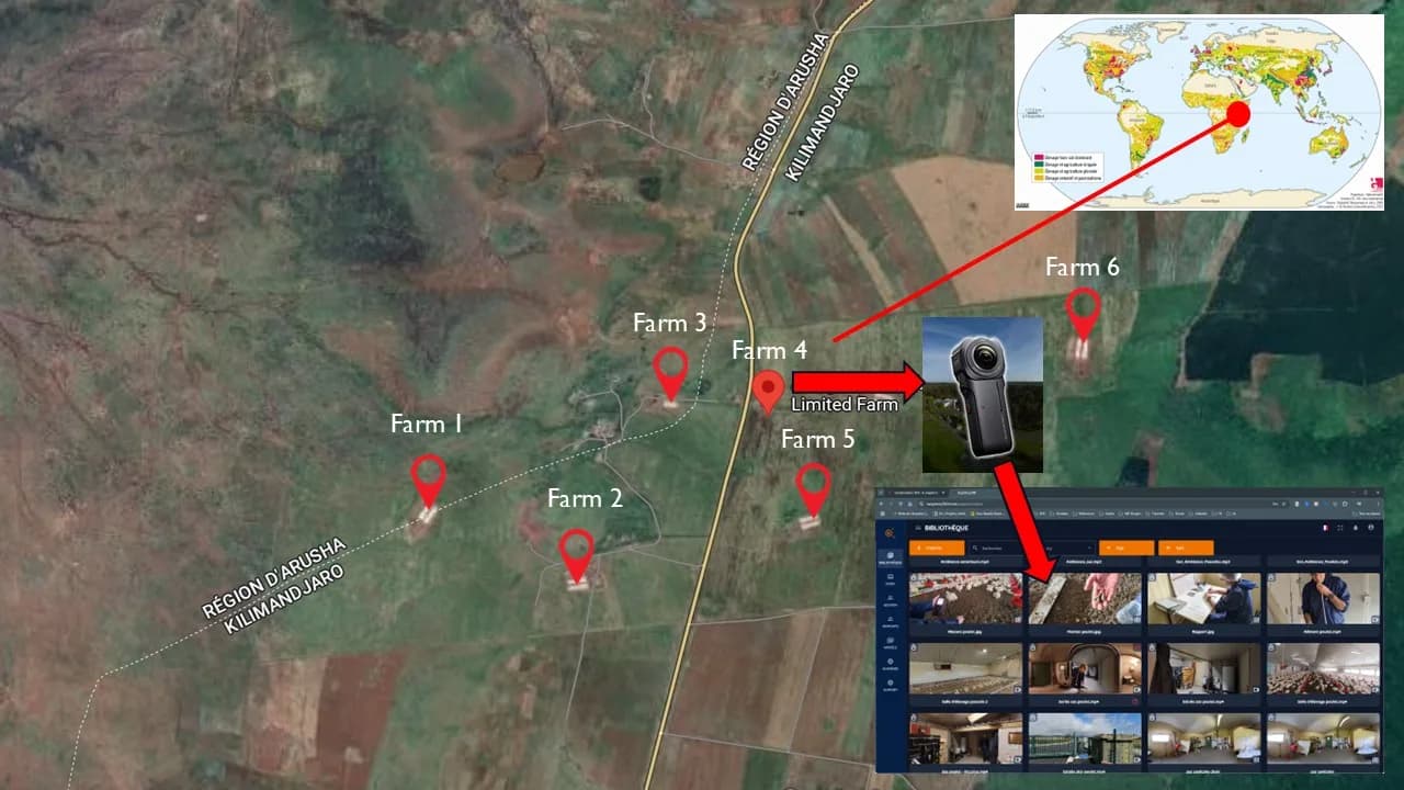 Dashboard de supervision avec cartographie des élevages et bibliothèque de scènes 360°
