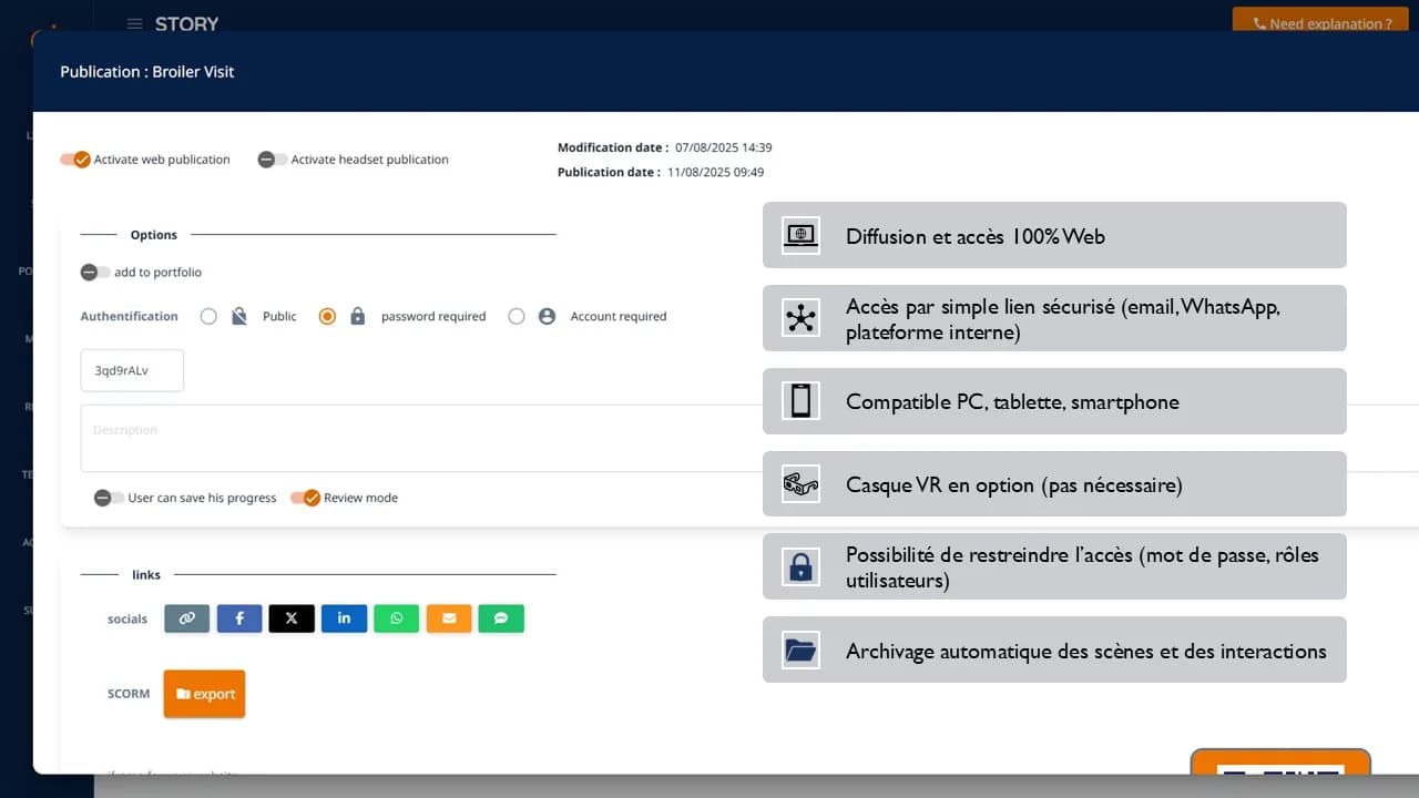 Paramètres de publication web avec options d'accès sécurisé et partage multi-canal