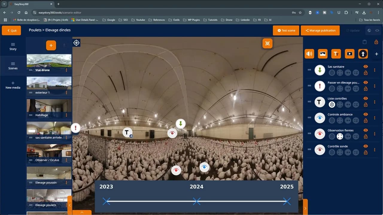 Interface easystory360 avec timeline 2023-2024-2025 et points d'observation annotés