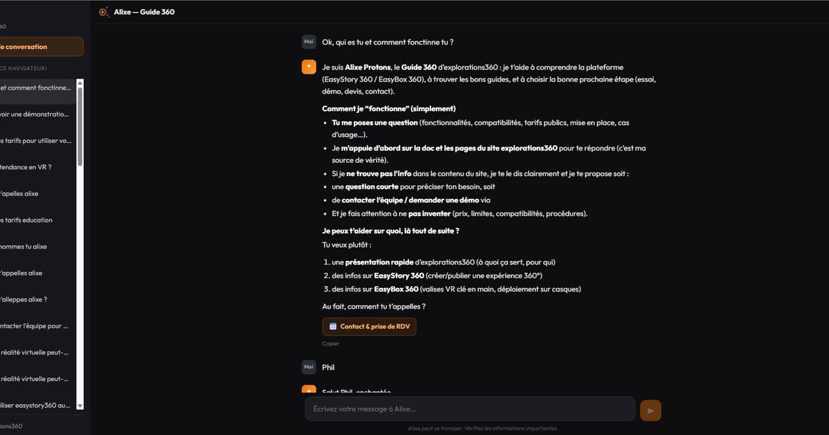 Alixe, l'assistante IA d'explorations360, ouvre son interface plein écran