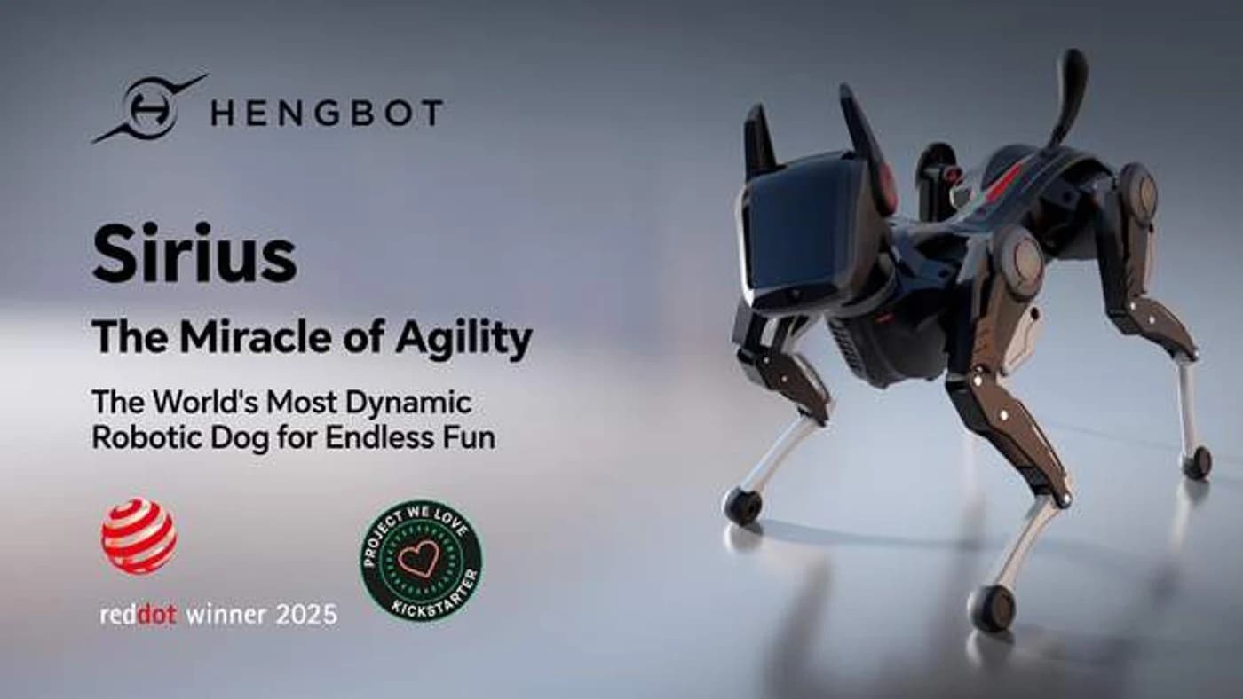 Visuel officiel Hengbot du robot quadrupède Sirius, de trois quarts, en appui sur ses quatre pattes