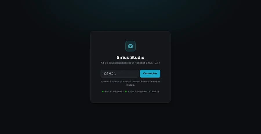 L'écran de connexion de Sirius Studio, avec le champ où saisir l'adresse IP du robot