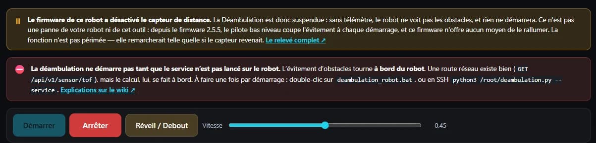 The top of the Roaming tab: an orange banner states that the firmware has disabled the distance sensor and that the function is suspended, a second red banner recalls that the on-board service is not running, and the Start button is disabled