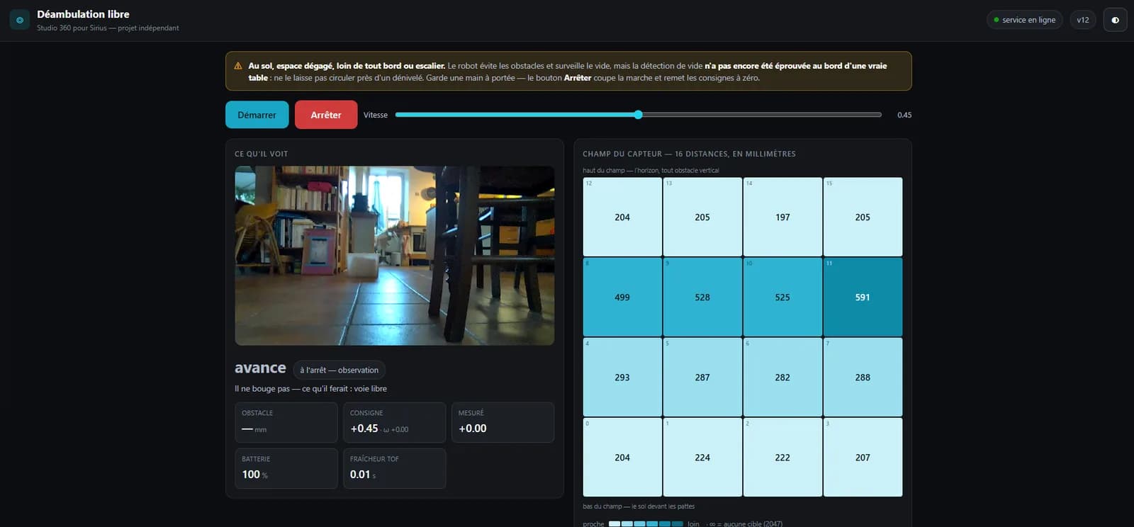The Roaming tab in v2.8.2: on the left the robot camera view in a living room at floor level, on the right the grid of the sixteen sensor distances in millimetres, and below the robot's decision