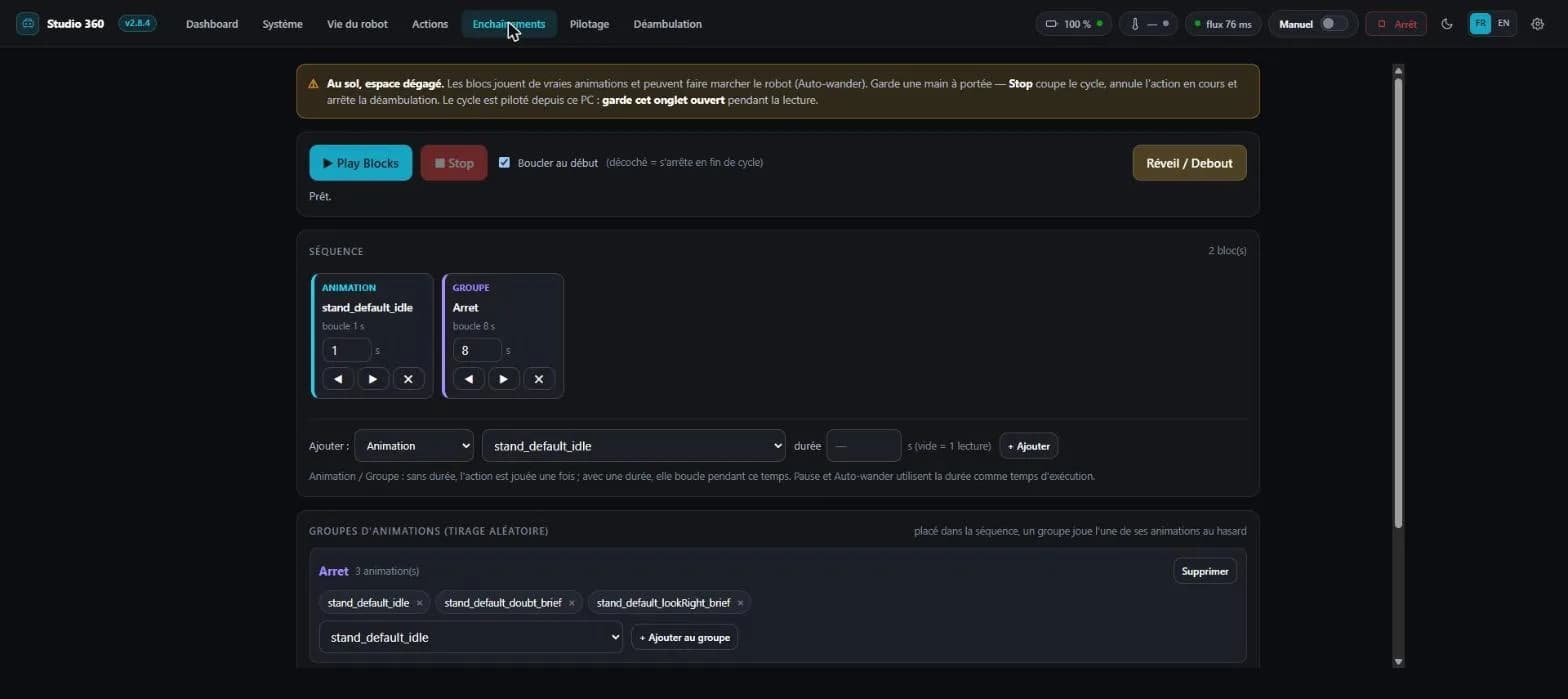 The Sequences editor: a two-block sequence, one animation and one group named Arret holding three animations, with playback and looping controls