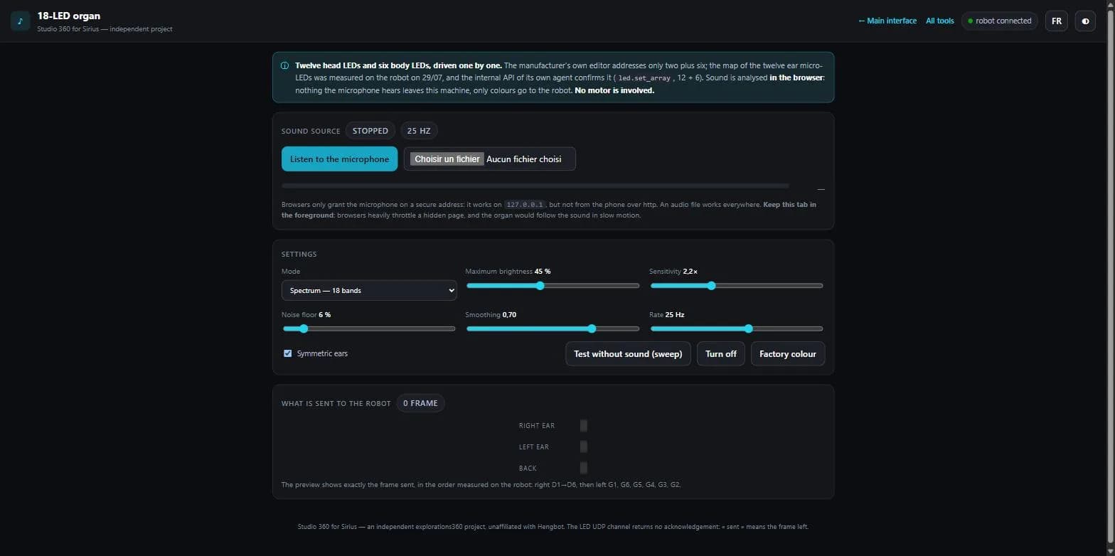 The 18-LED organ page: signal source, settings, and a preview of the frame sent to the robot