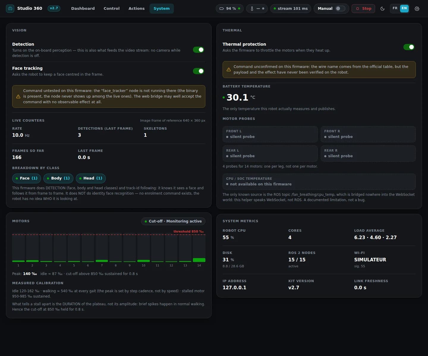 The System tab of Studio 360: the vision panel and its counters, the thermal panel, the load of all 14 motors with the cut-off threshold, and the machine metrics