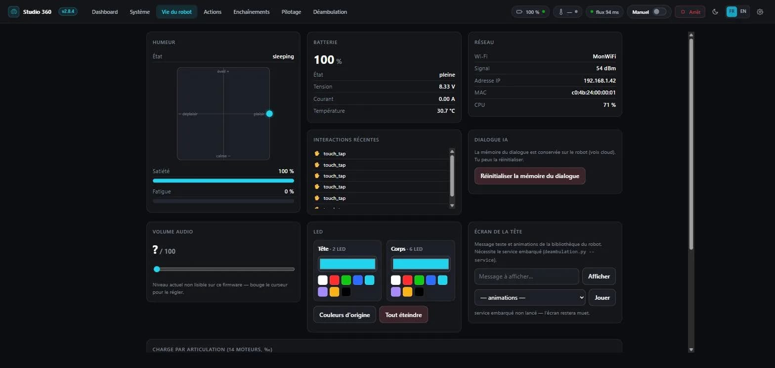 The Robot life tab in v2.8.4: the robot's mood on a pleasure and arousal plane, battery, network, touch interactions received, audio volume, LED palettes in two groups and the head screen