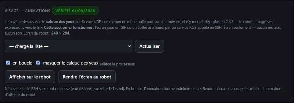 The Face — animations section of Studio 360: dropdown list of the robot's animations, "loop" and "hide the eye layer" checkboxes, Play on robot and Give the screen back buttons
