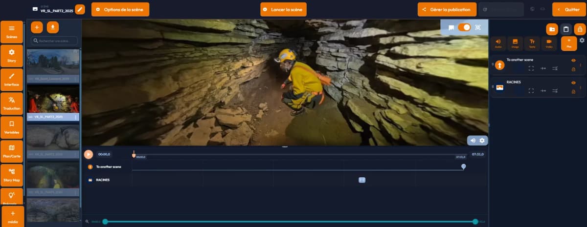 Scène de la Caverne de Saint-Léonard en cours de scénarisation dans easystory360, avec sa timeline et ses points interactifs