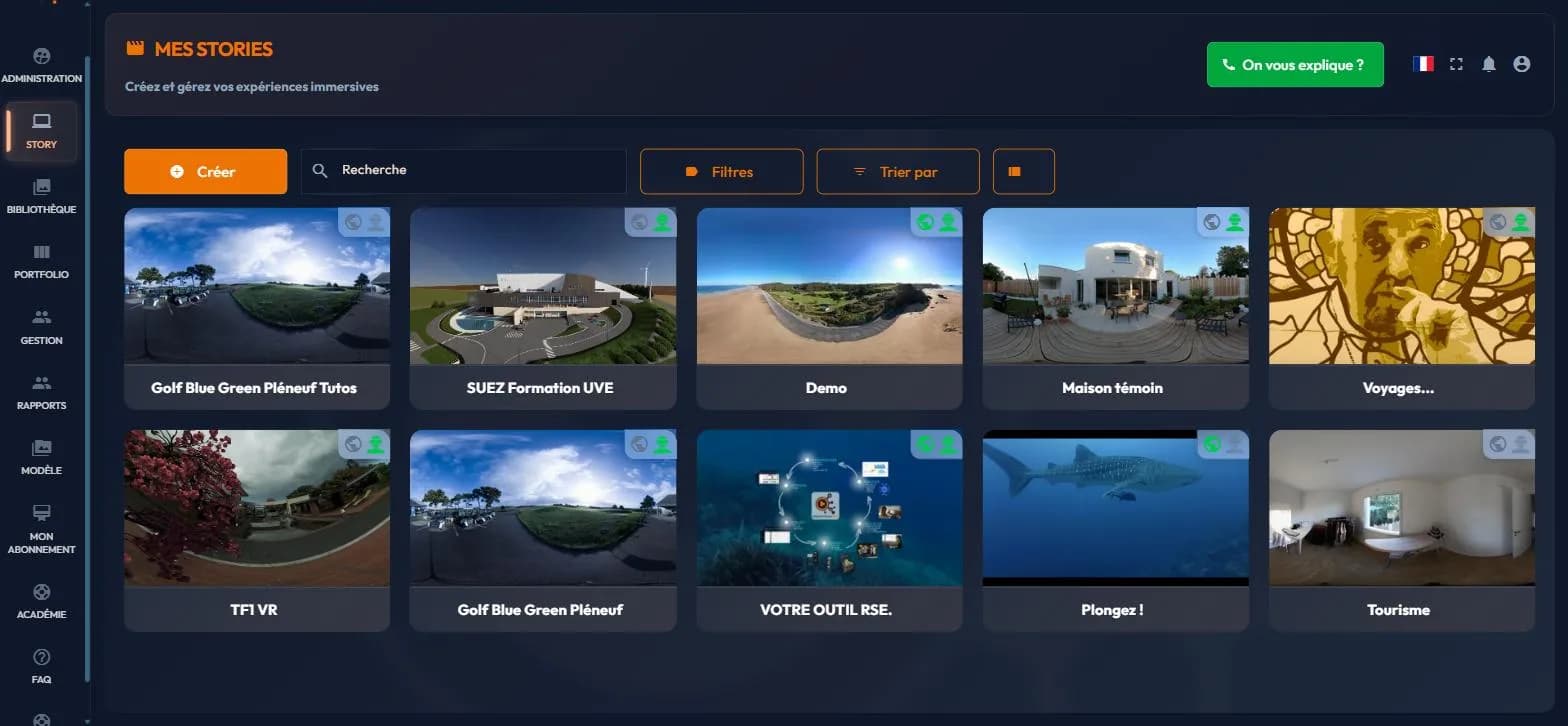 Overall easystory360 layout: side menu on the left, content in the middle, top bar