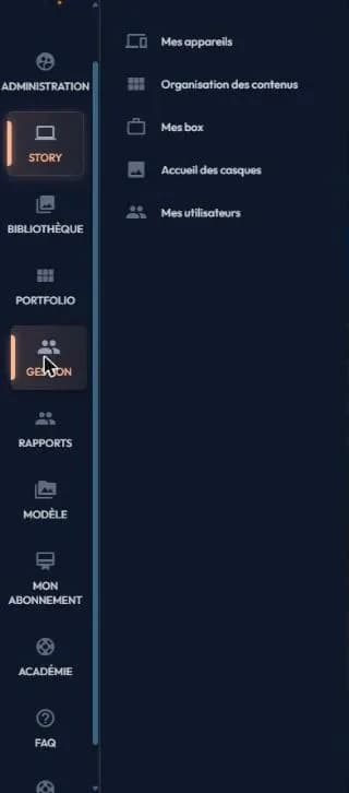 Menu latéral easystory360 déplié avec les entrées Story, Bibliothèque, Portfolio, Gestion, Rapports