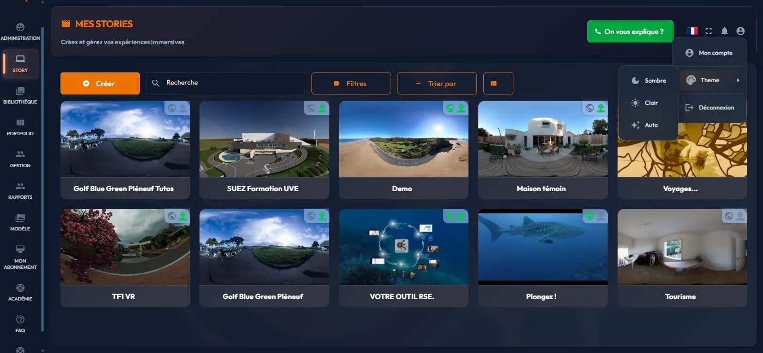 easystory360 profile menu with Mon compte, Theme and Déconnexion