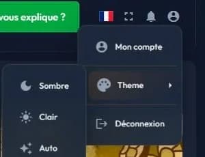 Menu profil easystory360 avec Mon compte, Theme et Déconnexion