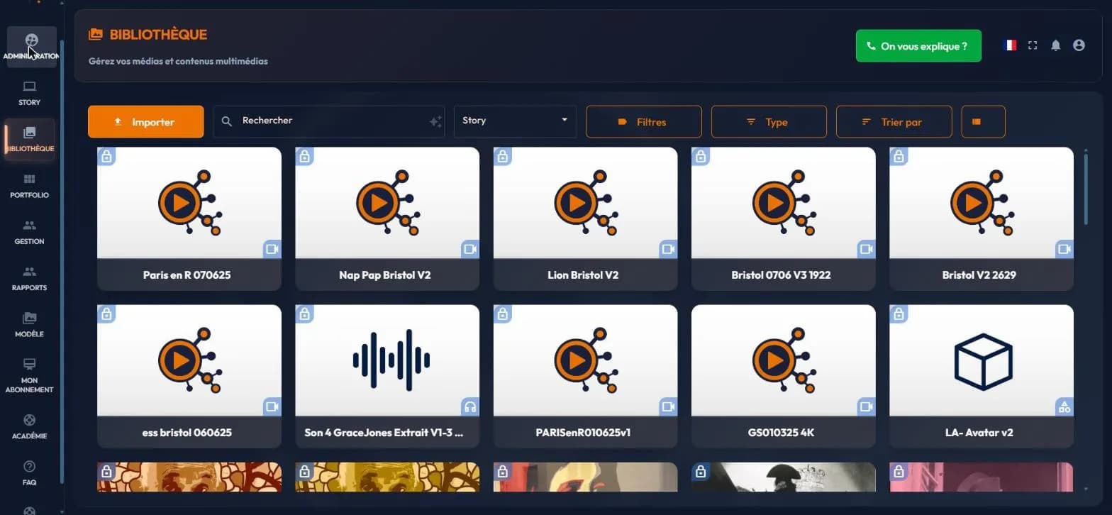 easystory360 library with the Importer button and the media grid