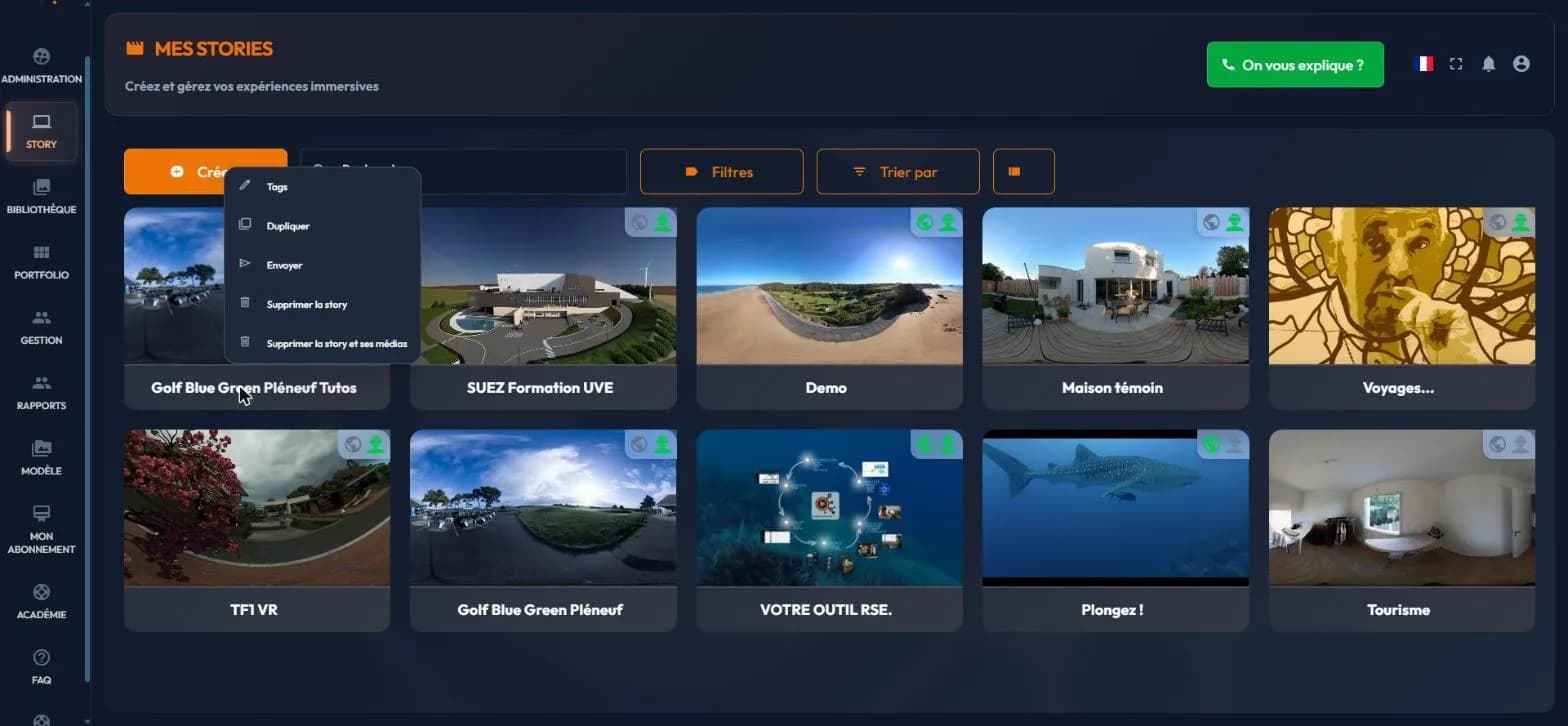 easystory360 story card on hover with its actions: edit, run, action menu