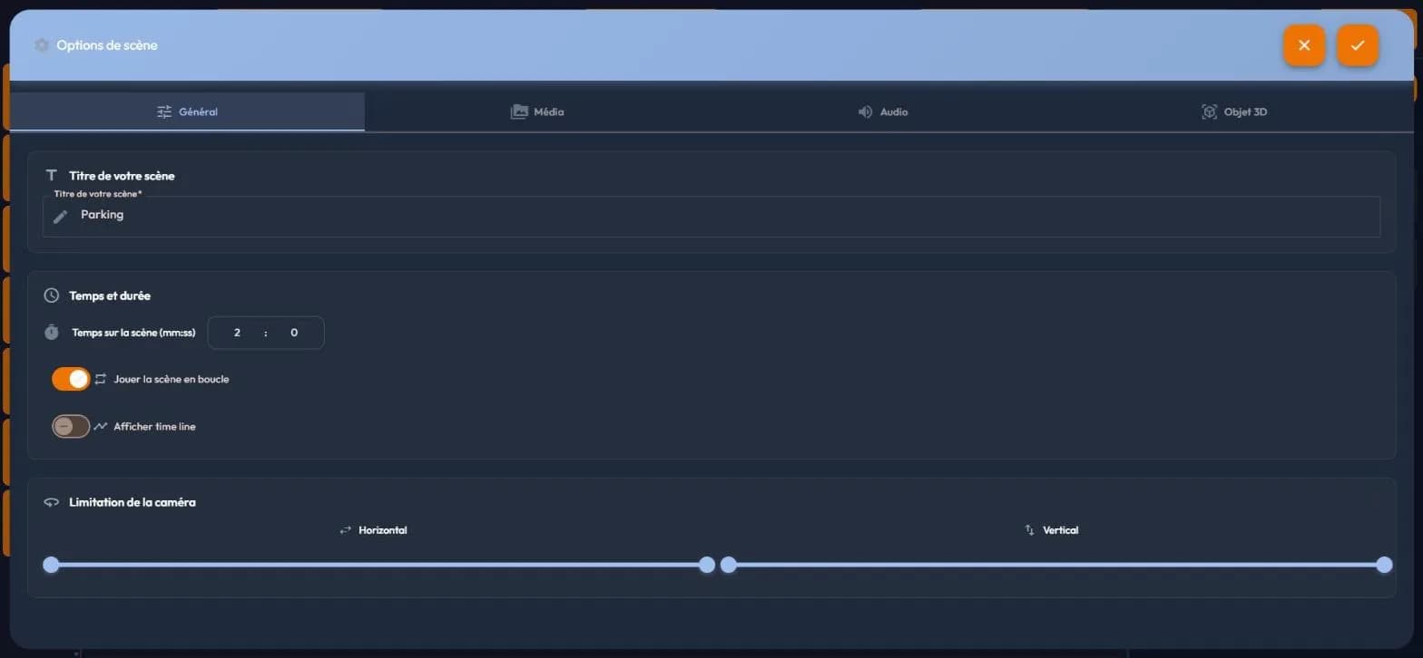 easystory360 scene options window, Général tab with duration and camera limits