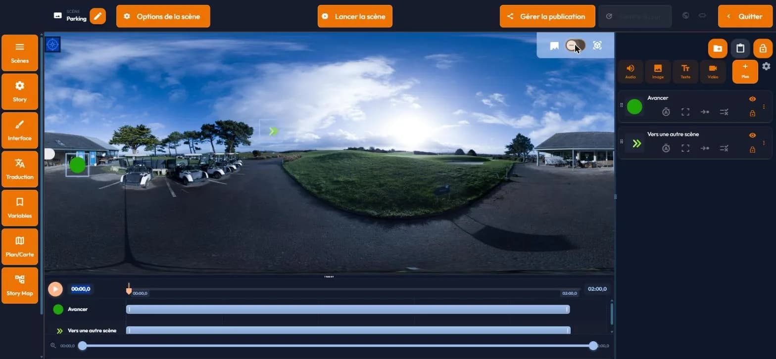 easystory360 scene in 2D view: equirectangular projection with the placed events