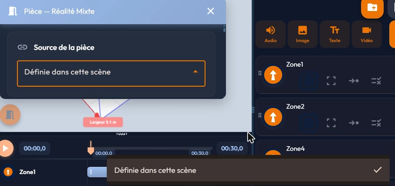 The "Pièce" panel open, with the source choice and plan import