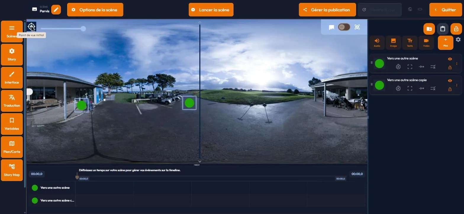 easystory360 initial point of view tool: horizontal slider and vertical marker across the panorama