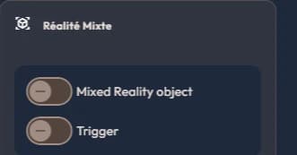 The mixed reality block of a 3D object event, with its two switches