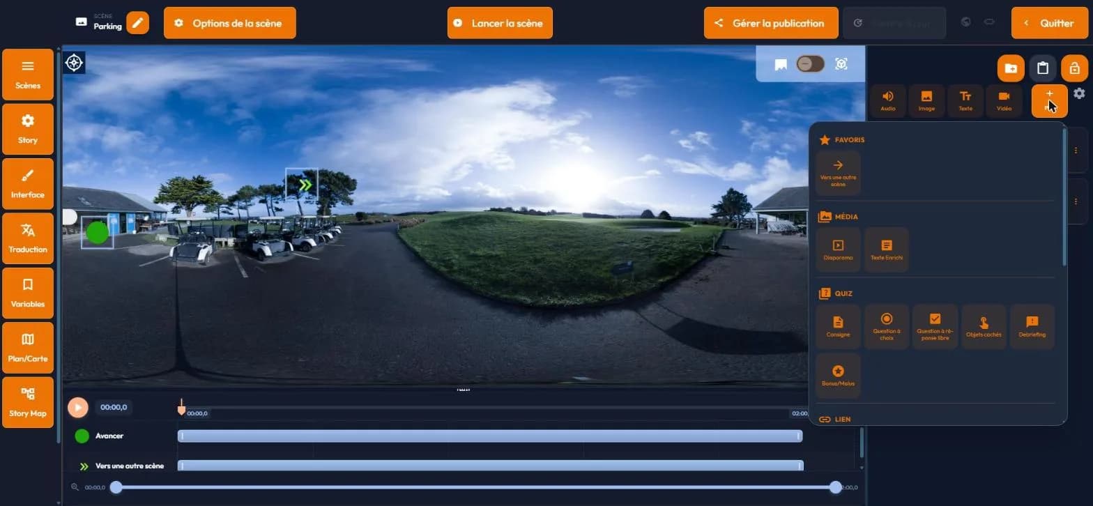 easystory360 Plus panel of events, organised in the Média, Quiz, Lien, 3D, Masques and Avancé categories