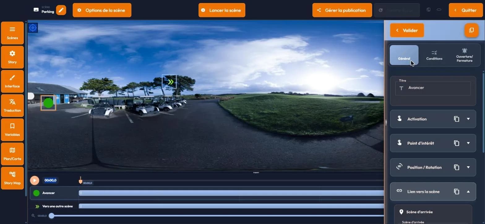 easystory360 event settings panel with the Général, Conditions and Ouverture/Fermeture tabs