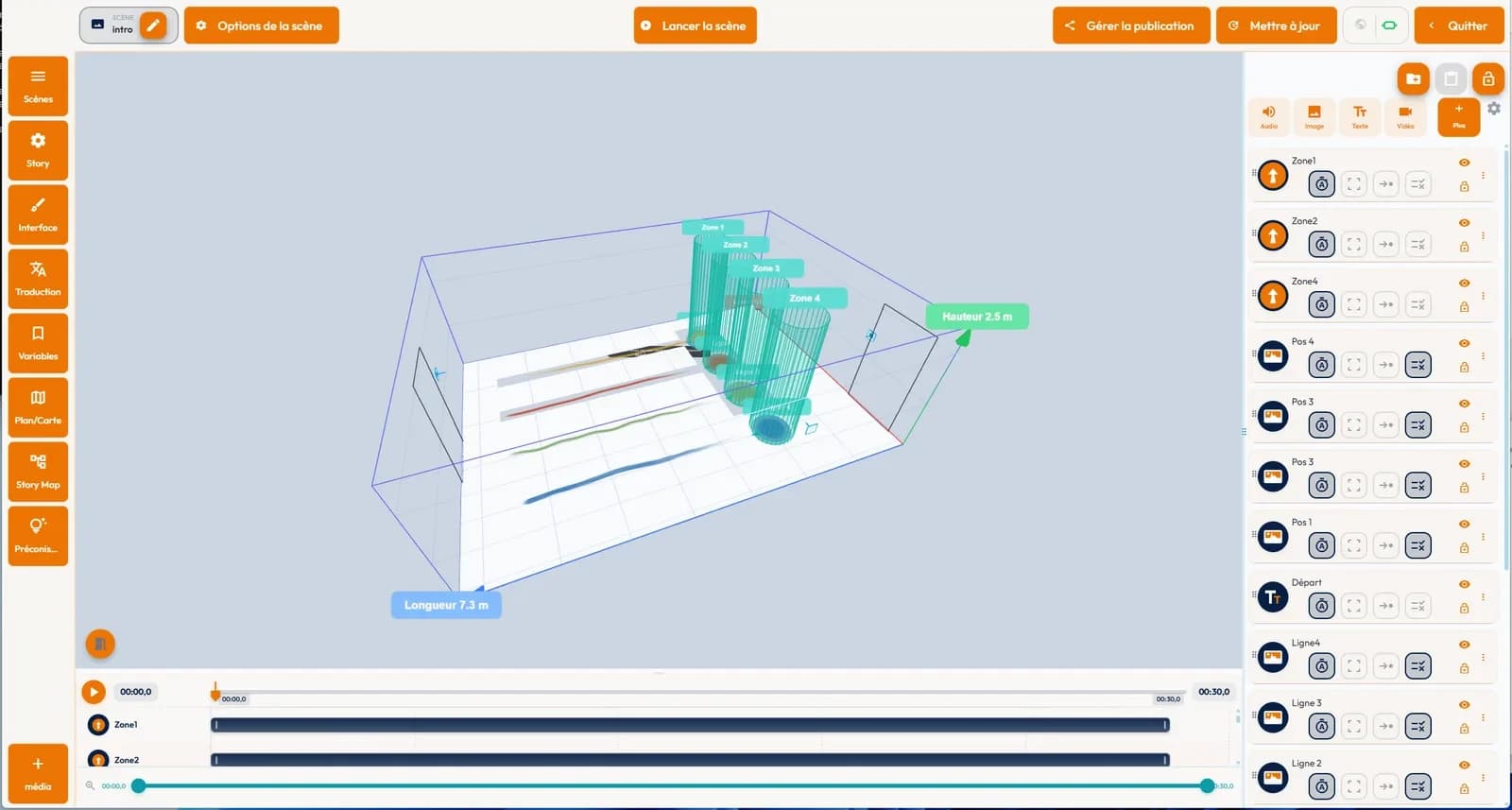 The editor showing a "Réalité Mixte" story: the room as a volume, its zones and its path lines