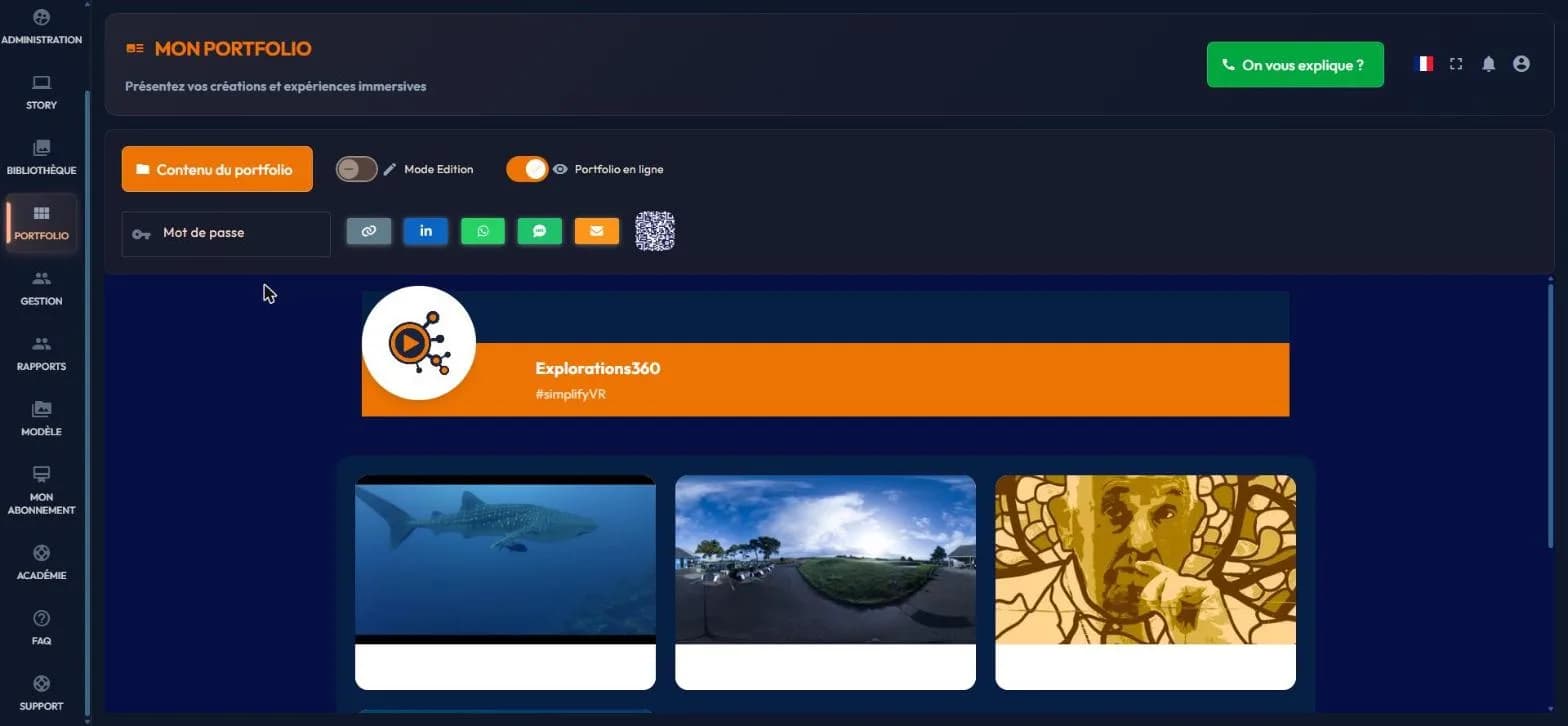 easystory360 Mon Portfolio page: the public showcase with its story grid