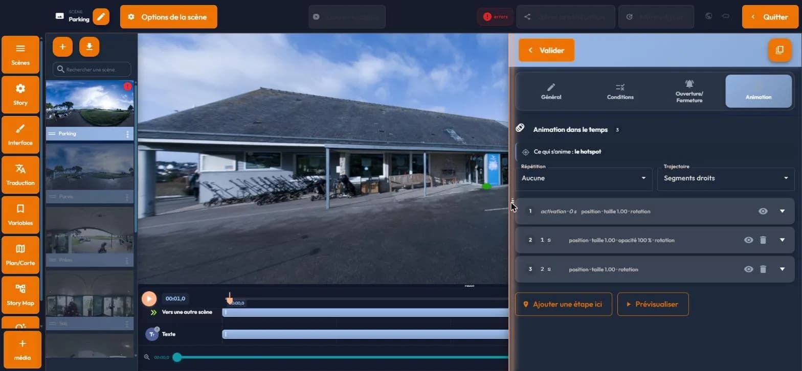 L'onglet Animation ouvert sur un événement, trois étapes posées, avec la ligne de temps de la scène