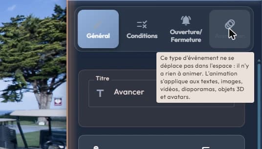 L'onglet Animation grisé sur un événement de navigation, avec son info-bulle ouverte