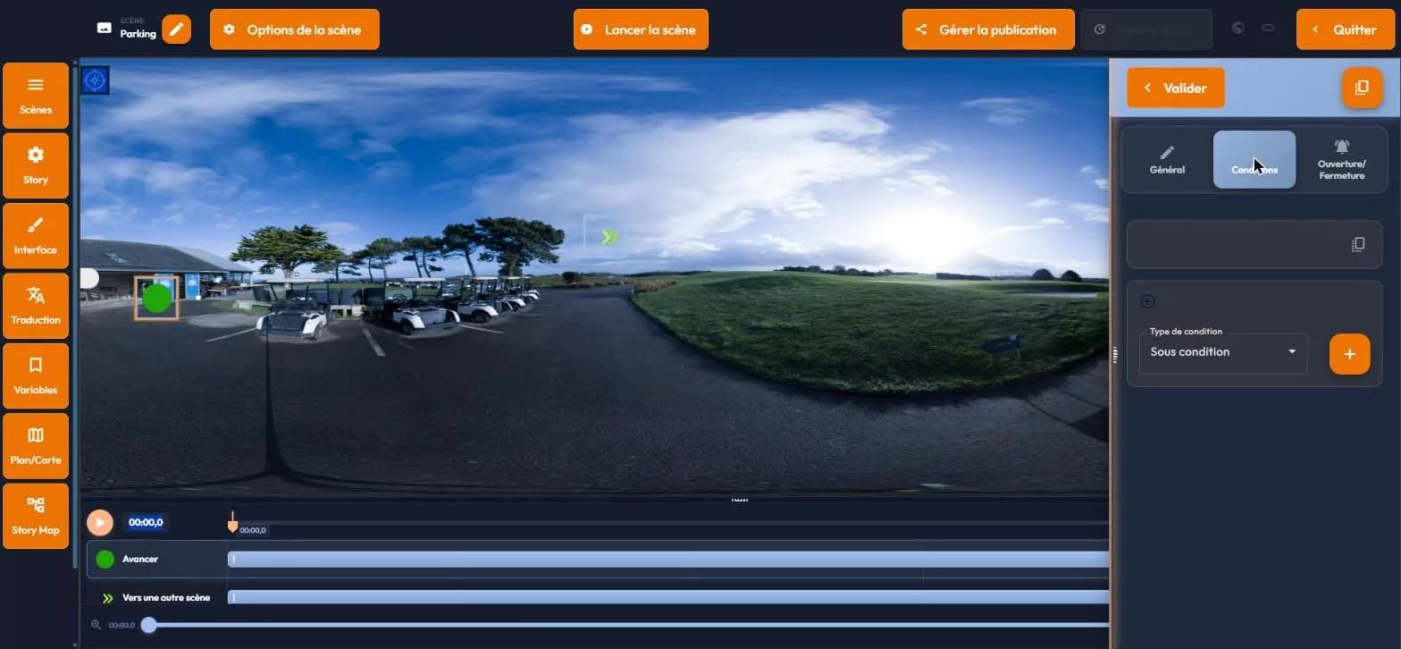 Conditions tab of an easystory360 event with the condition type selector