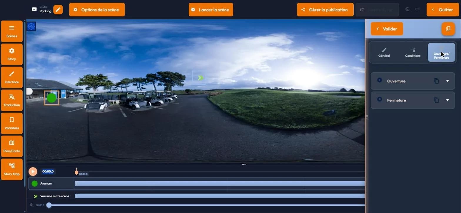 Ouverture / Fermeture tab of an easystory360 event: audio, variable management, triggered events