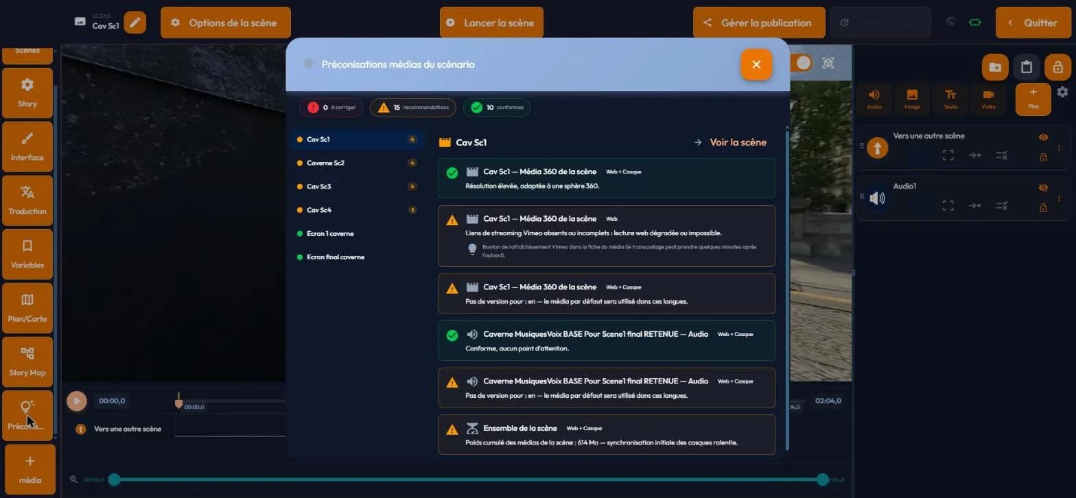The recommendations window open: pills at the top, scenes on the left, findings on the right