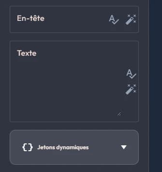 Le champ Texte d'un événement, avec la barre Jetons dynamiques repliée en dessous