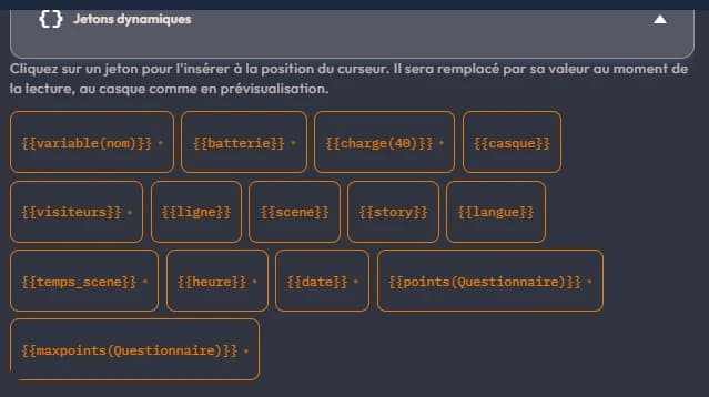Le volet des jetons dynamiques ouvert, avec ses quatorze pastilles