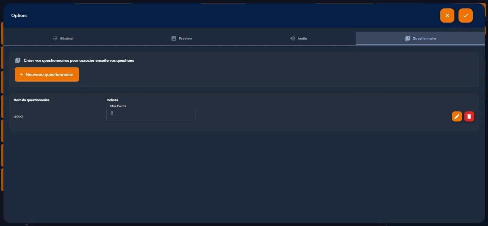 Questionnaire tab of the easystory360 story options: new question set button and the list of question sets