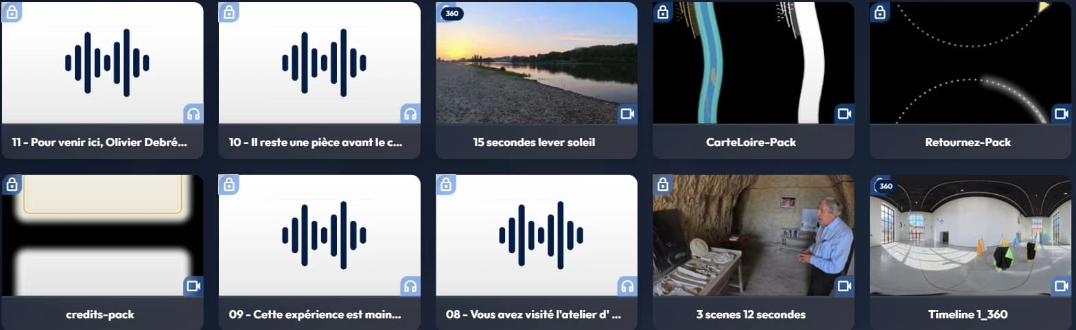 Une grille de bibliothèque mêlant des médias immersifs marqués 360 et des médias plats