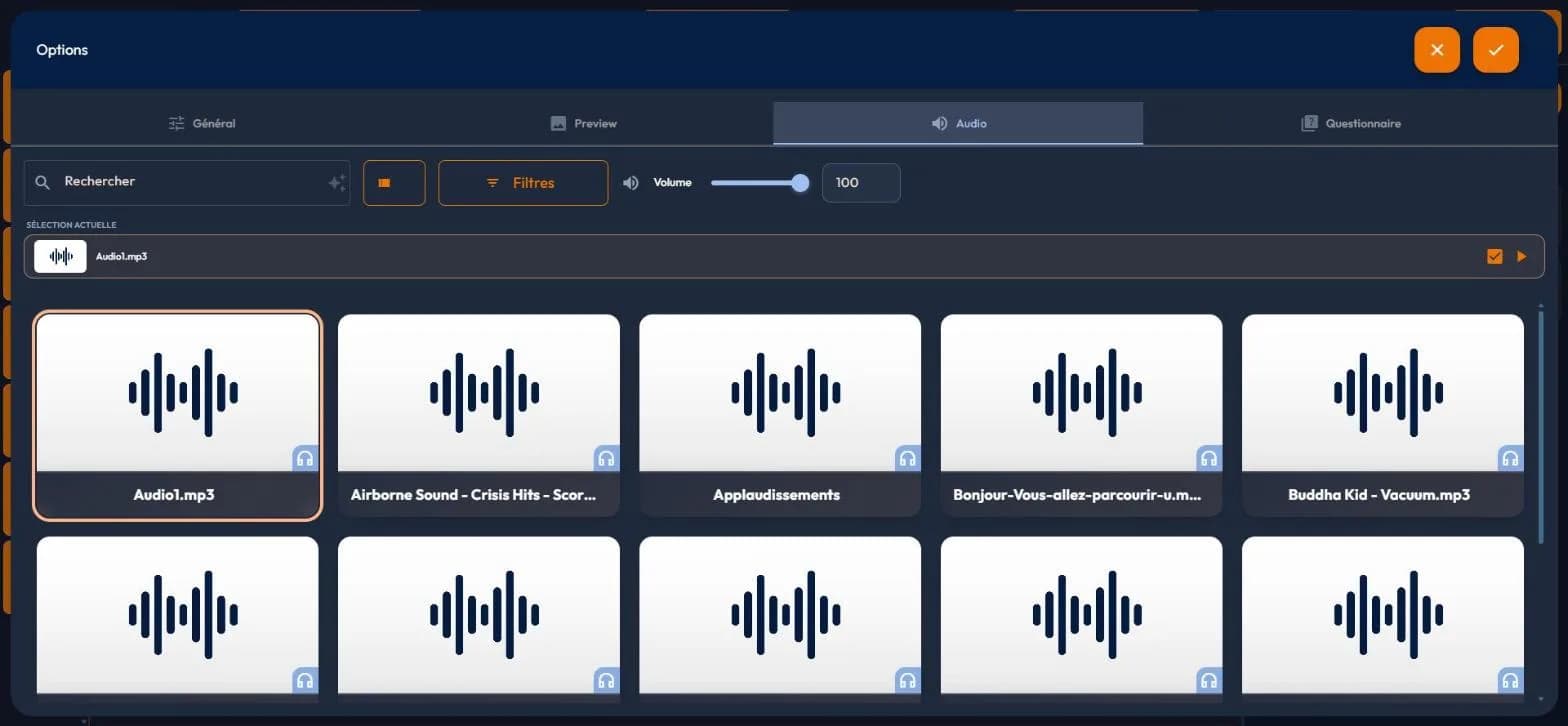 Audio tab of the story options: global ambient sound and volume