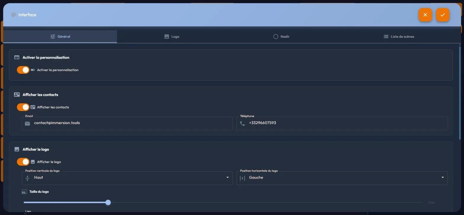 Général tab of the easystory360 Interface box: customisation, contacts, logo and its position