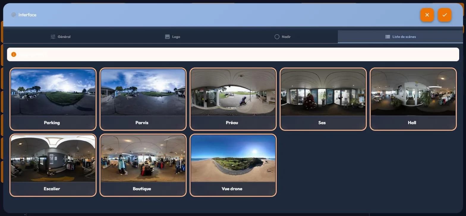 Liste de scènes tab of the Interface box: scenes selectable one by one
