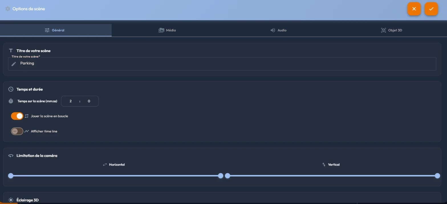 The Général tab of the scene options: title, time and duration, camera limits