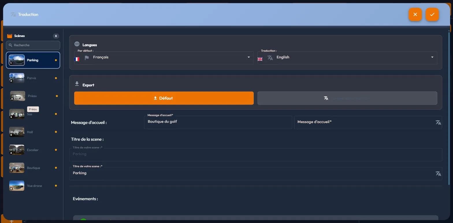 easystory360 Traduction box: default language, target language and translatable fields scene by scene