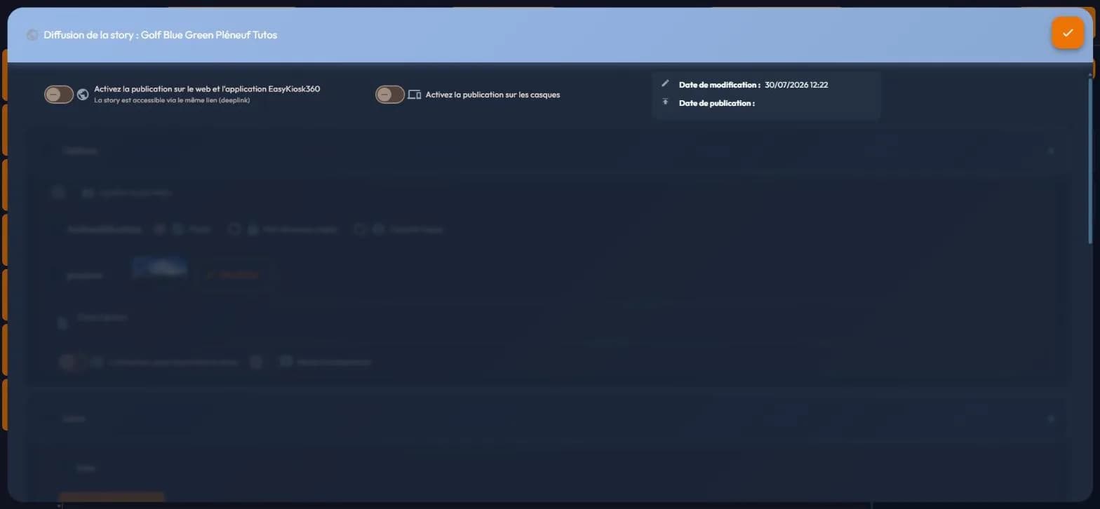 easystory360 broadcast window with publication off: options are greyed out