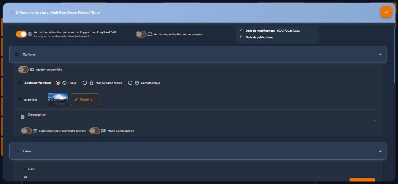 easystory360 broadcast window enabled: portfolio, authentication, preview, description, comment mode and Links block